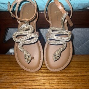 NWT Women's Tan Antonio Melani Sandals with Rhinestone Snake Design